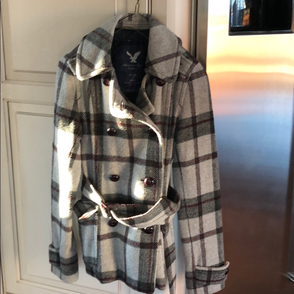 American Eagle Outfitters Grey Plaid Pea Coat - Picture 2 of 6